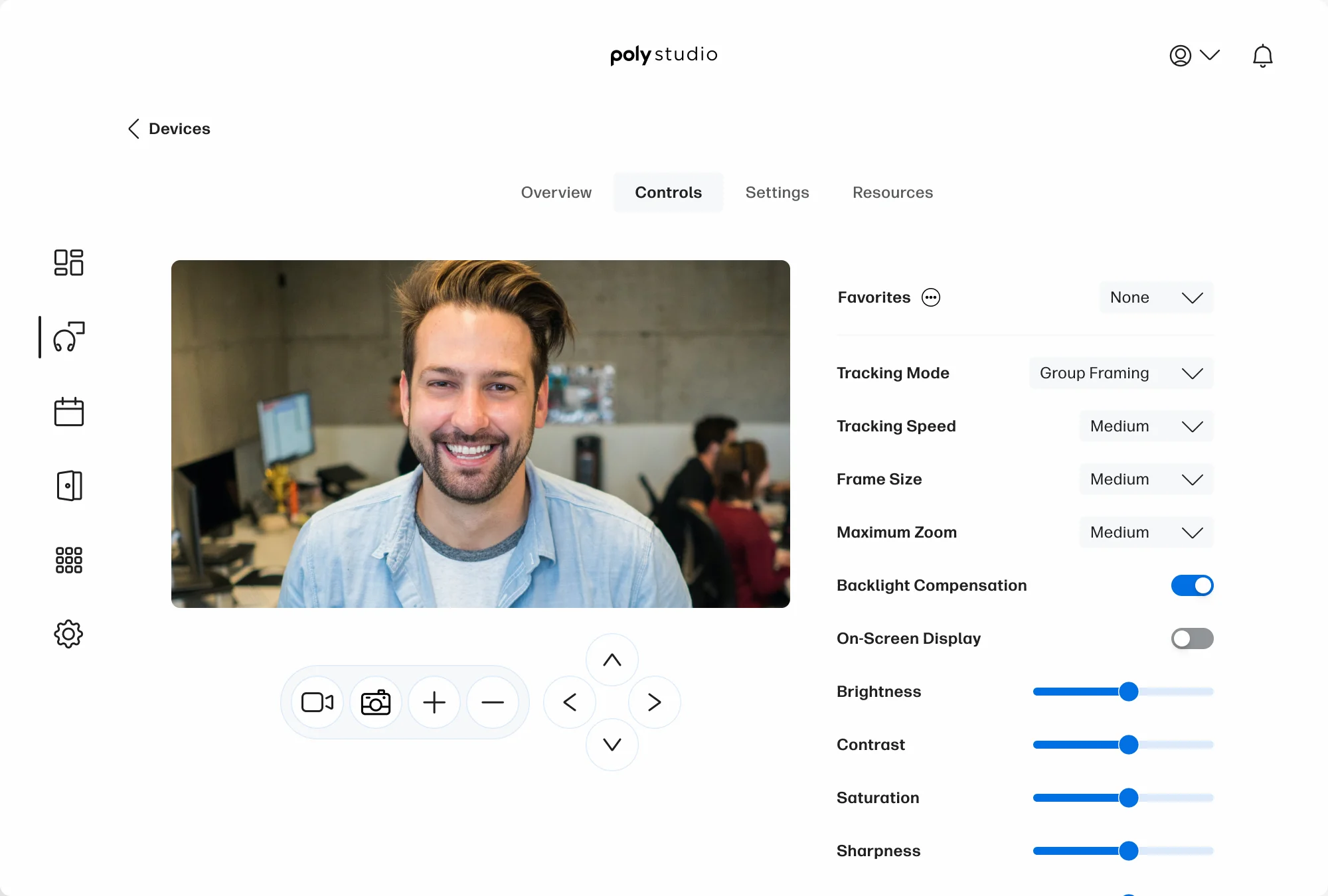 The redesigned controls: settings in a scrollable side panel, pan, tilt and zoom controls beside a larger preview