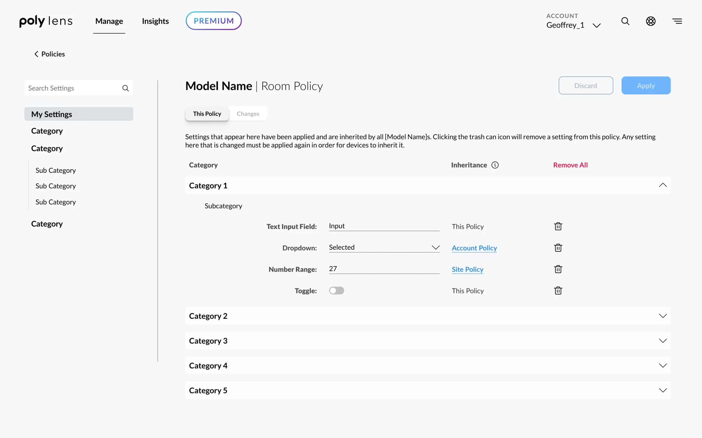 The My Settings page for a room policy, showing each setting and whether it comes from this policy or is inherited